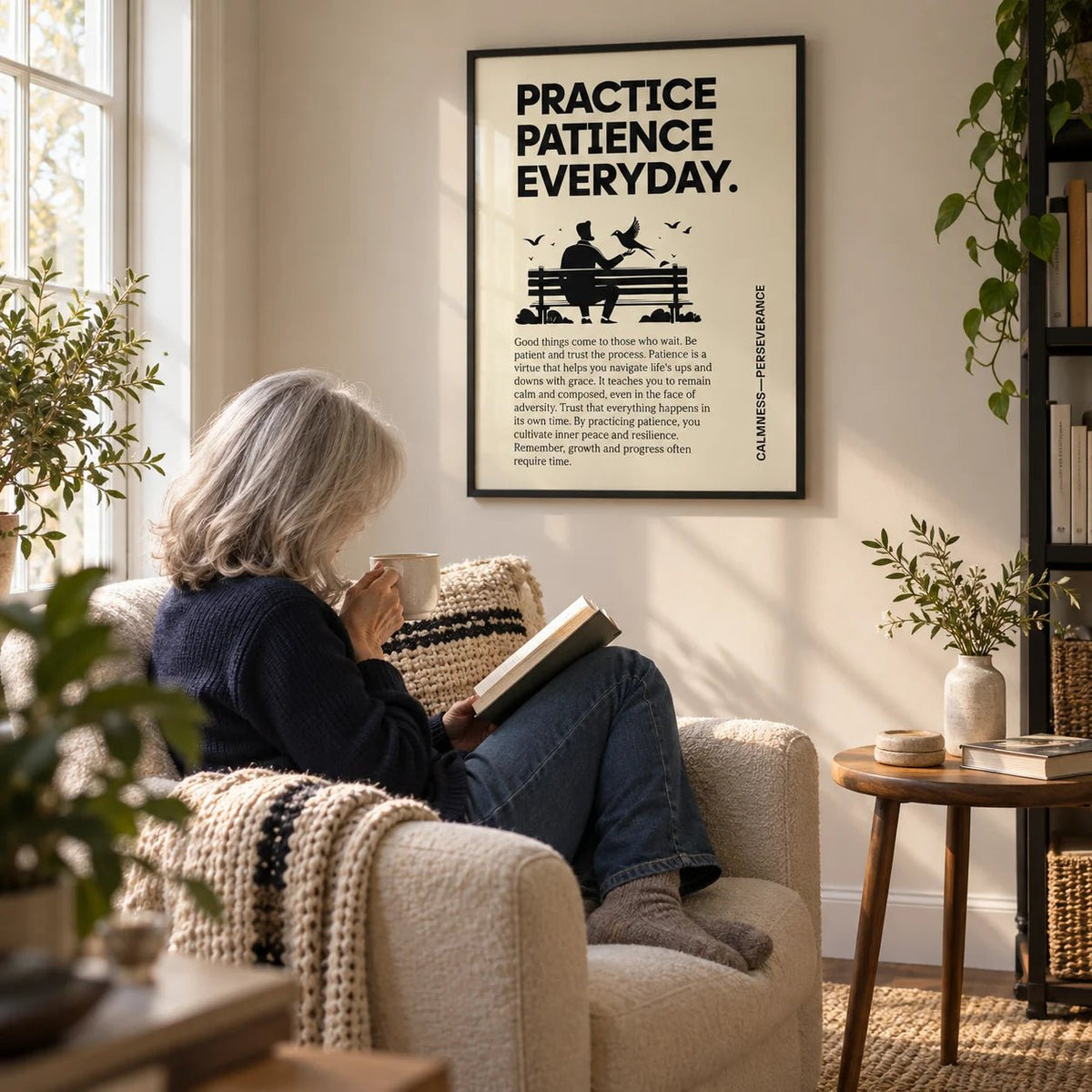 Motivational Quotes Posters, framed on the wall of a quiet reading corner in a living room