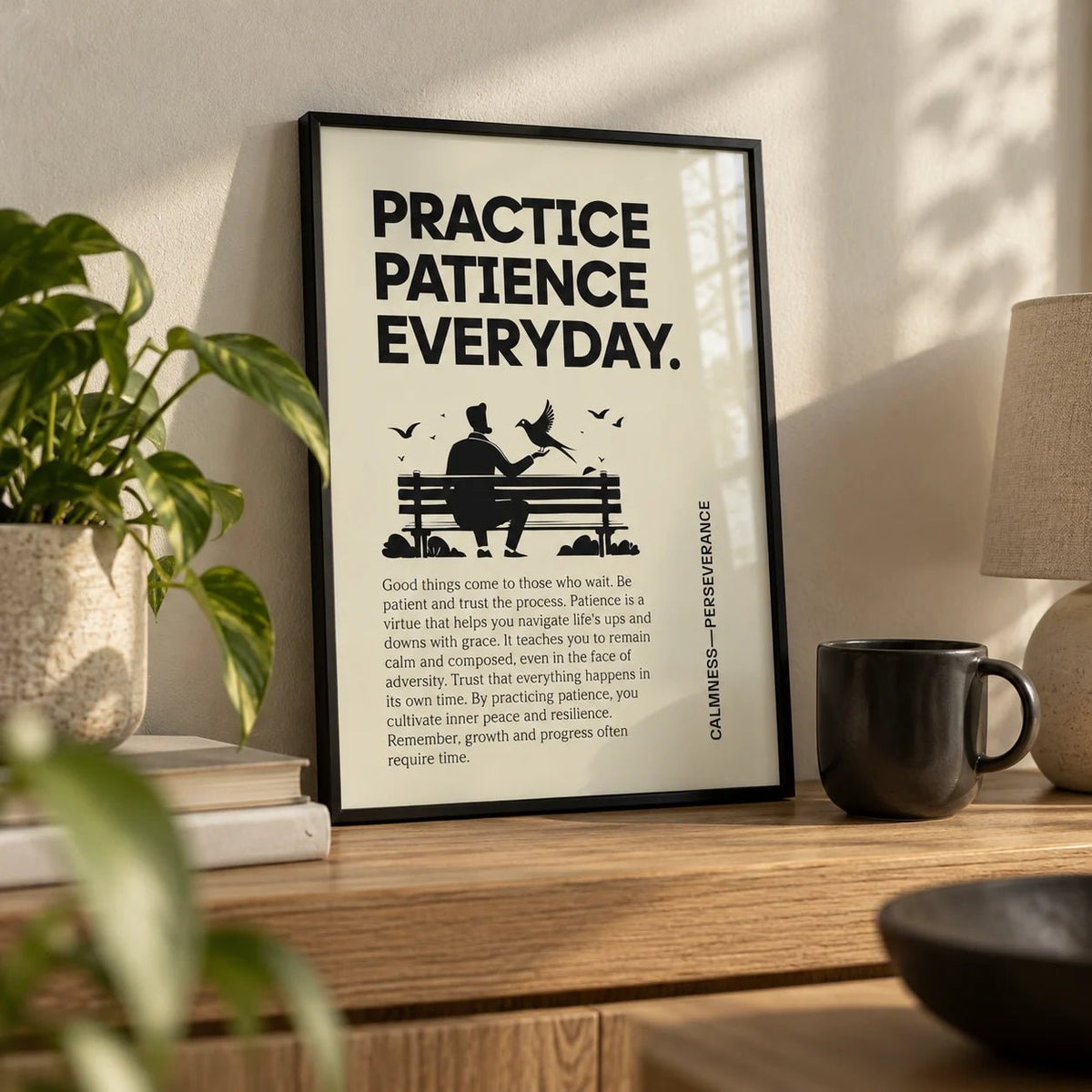 Motivational Quotes Posters, a small A4 framed print leaning on an oak shelf in a living room