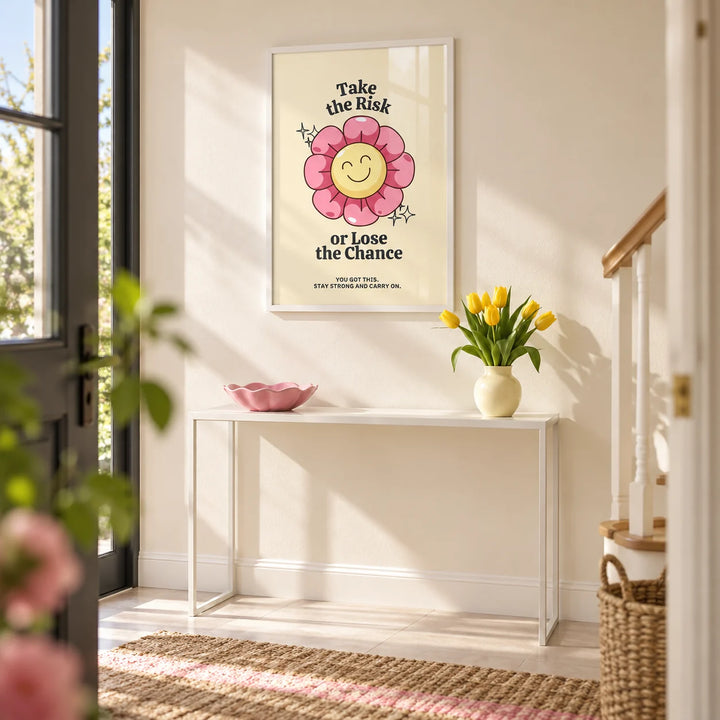 Motivational Quotes Wall Art, framed on the wall of a bright entrance hall with a cream wall and a pale floor