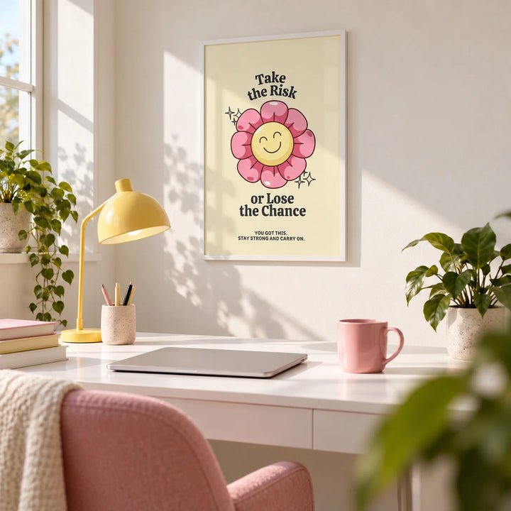 Motivational Quotes Wall Art, framed on the wall of a bright home office with a white wall