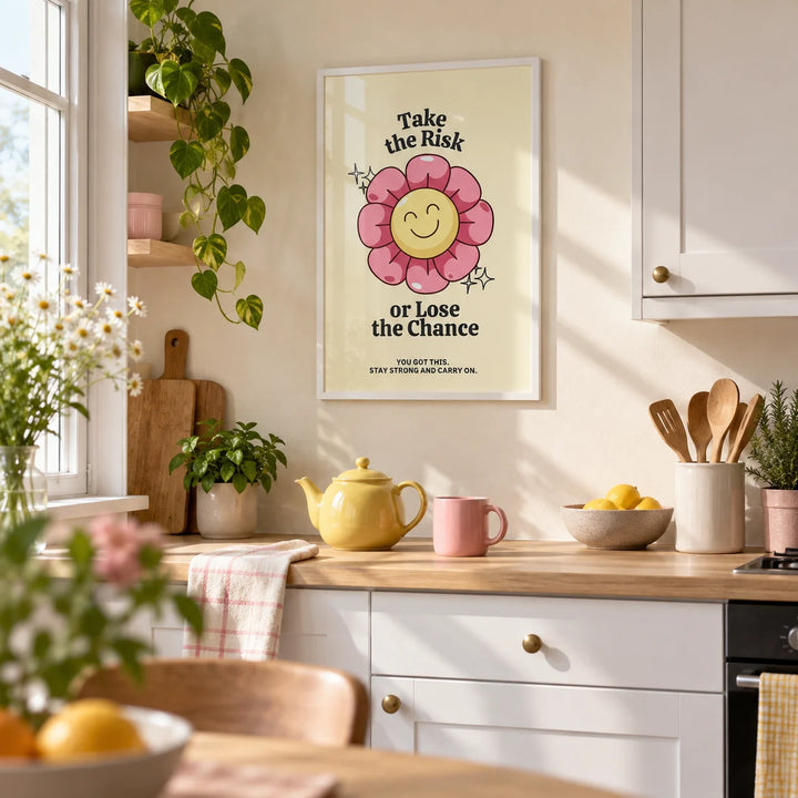 Motivational Quotes Wall Art, framed on the wall of a cheerful first-flat kitchen (22-28) with white units and a cream wall