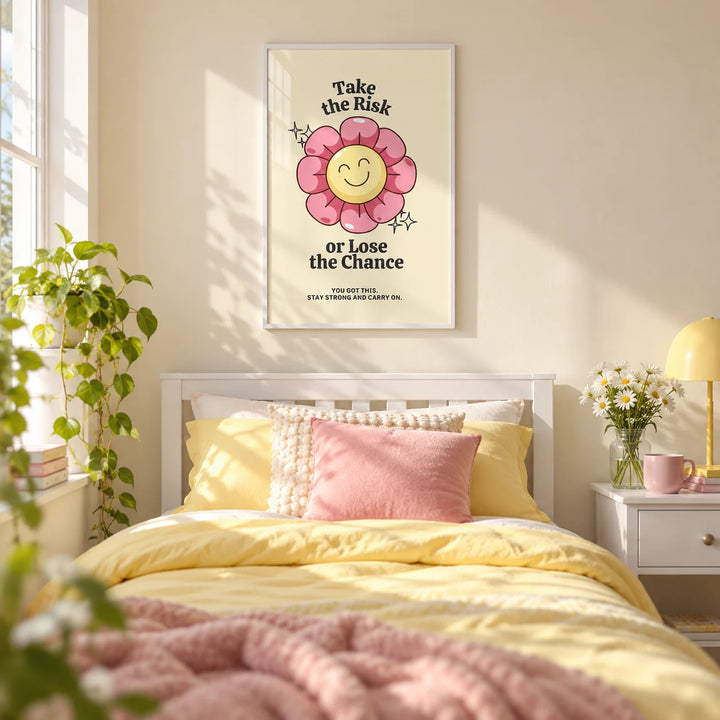 Motivational Quotes Wall Art, framed on the wall of a cheerful single bedroom for a teenage girl (13-17)