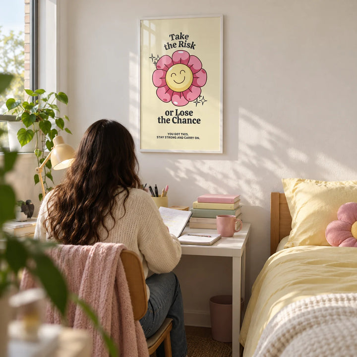 Motivational Quotes Wall Art, framed on the wall of an uni room (18-21) with a white wall in a bedroom