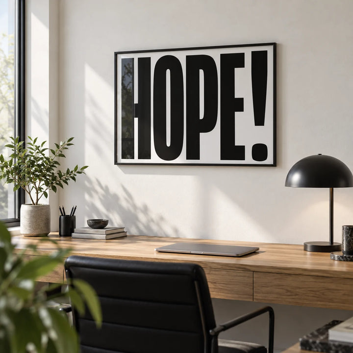 Motivational Work Posters, framed on the wall of a modern home office with a white wall