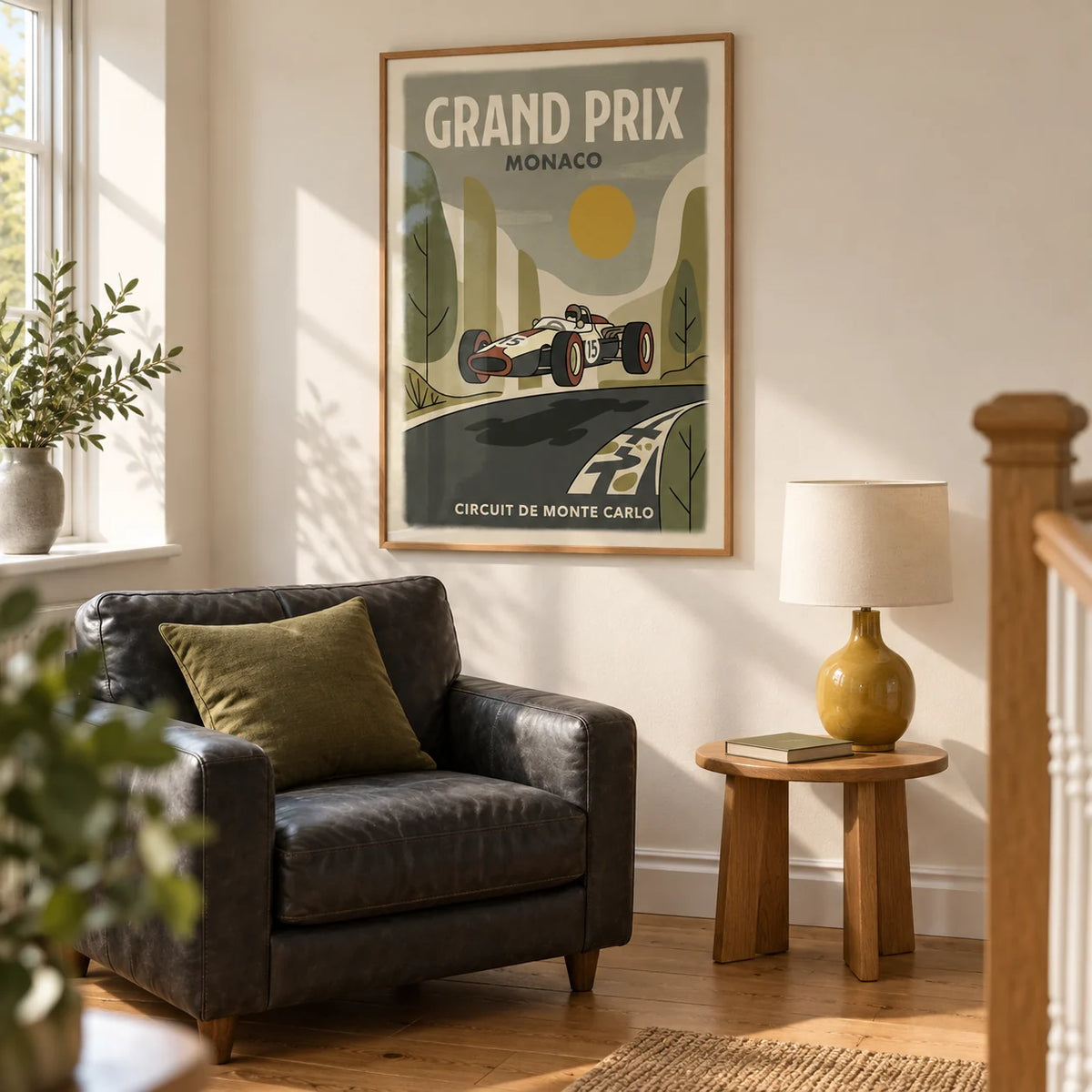 Motorsport Circuit Print, framed on the wall of a bright reading corner on the spacious landing of a UK family home in a living room