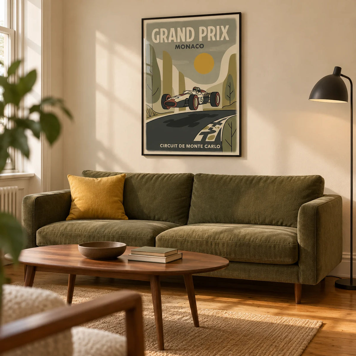 Motorsport Circuit Print, framed on the wall of a characterful retro living room in a UK terraced house