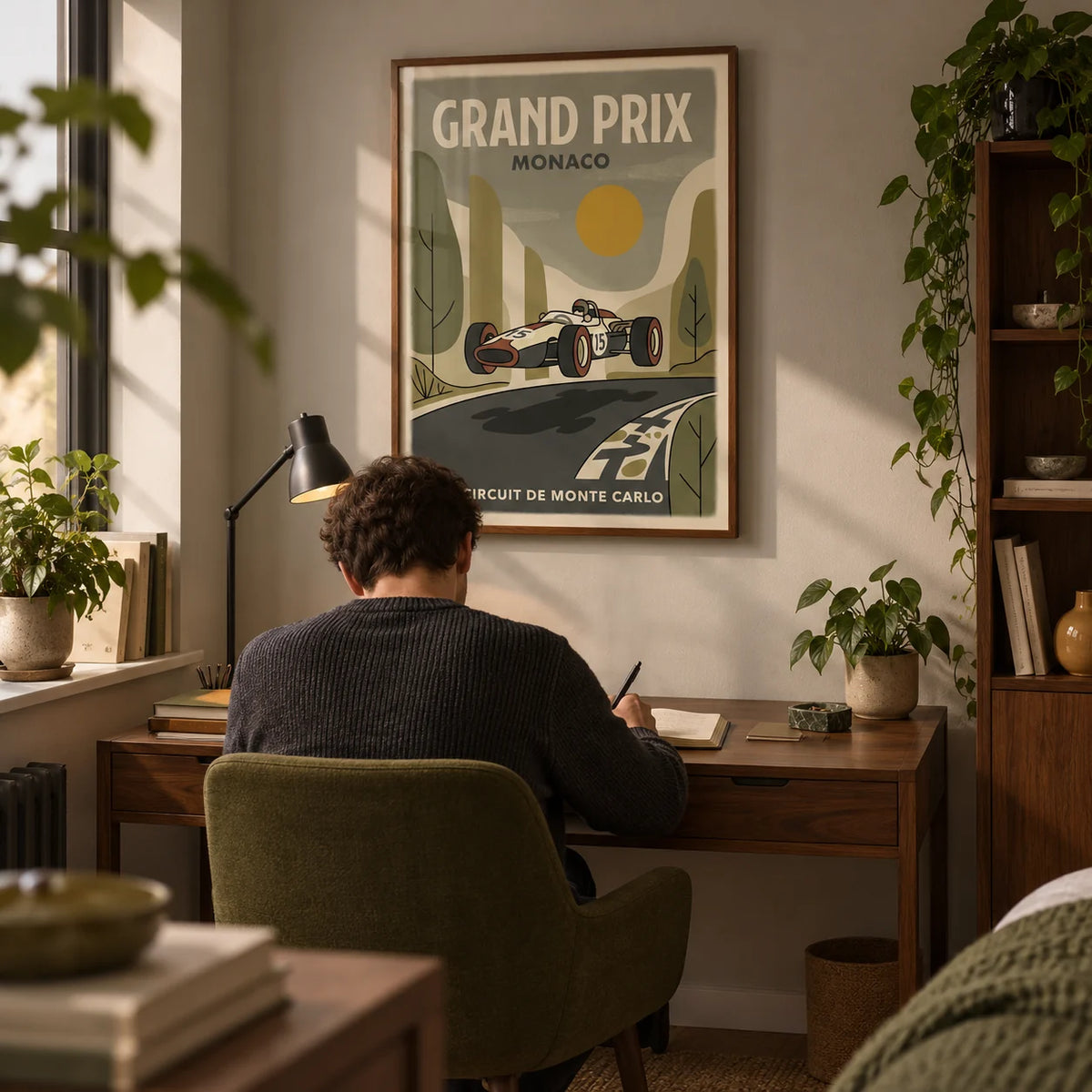 Motorsport Circuit Print, framed on the wall of a compact study in a young adult's UK first flat (22-28)