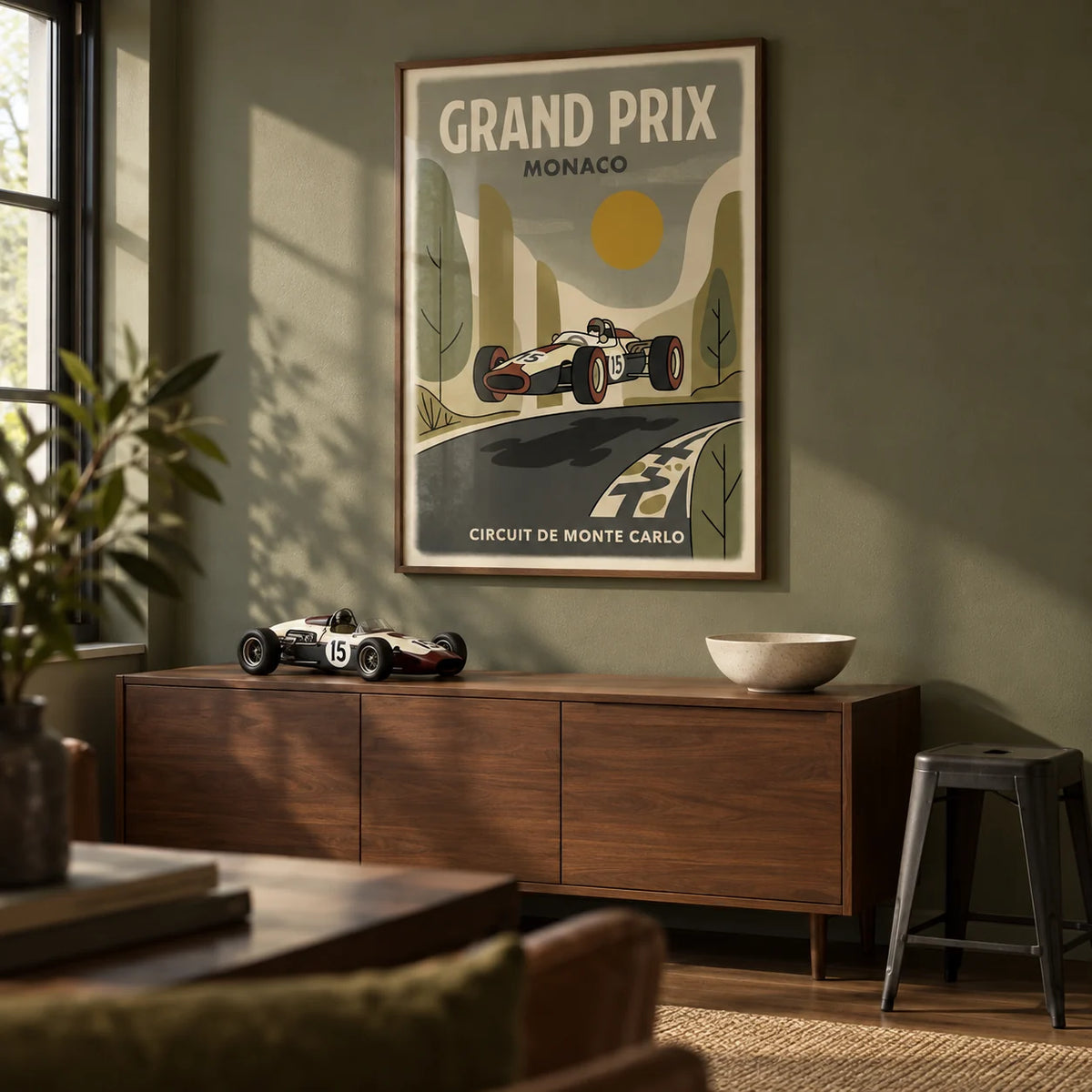 Motorsport Circuit Print, framed on the wall of a dedicated motorsport hobby room in a UK home