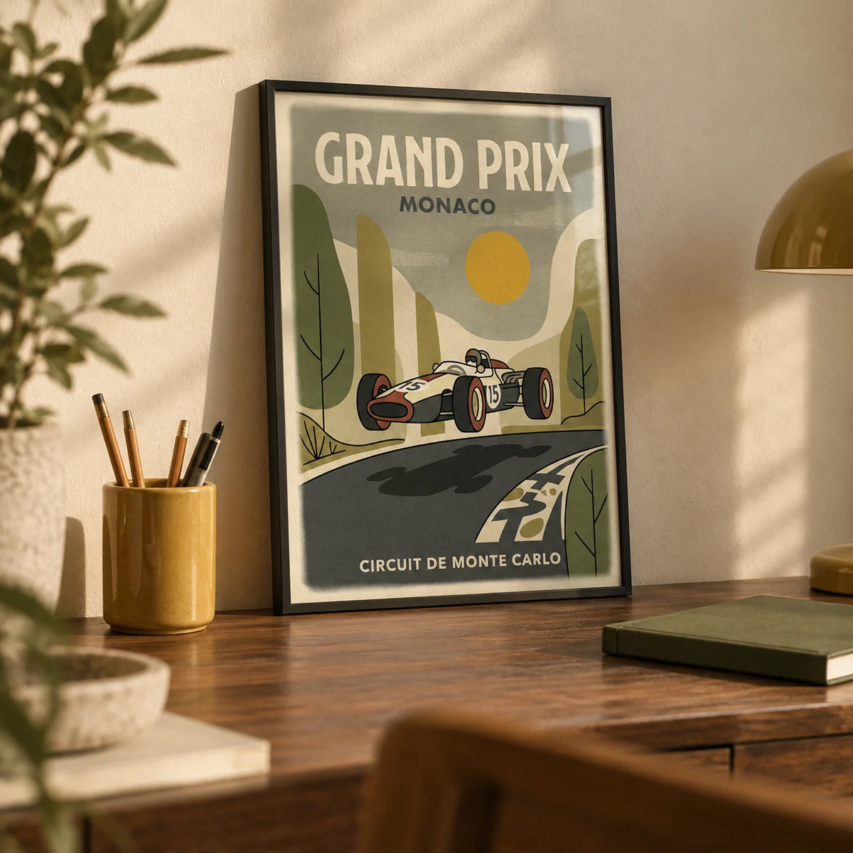 Motorsport Circuit Print, a small A4 framed print leaning on a walnut desk