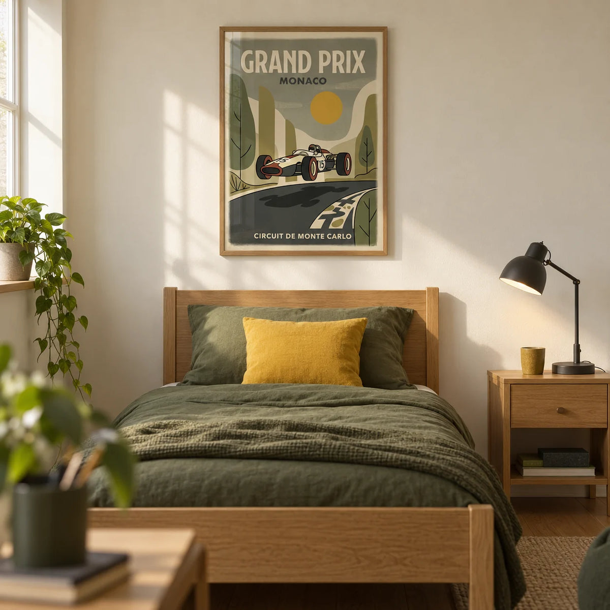 Motorsport Circuit Print, framed on the wall of a warm retro bedroom for a motorsport-loving teenager (13-17) in a UK family home