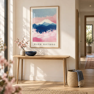 Mount Fuji Art, framed on the wall of a calm hallway with a warm white wall and a pale oak floor