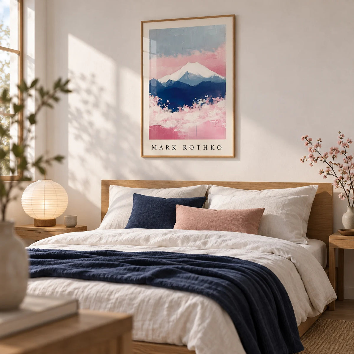 Mount Fuji Art, framed on the wall of a calm Japandi bedroom with a soft white wall
