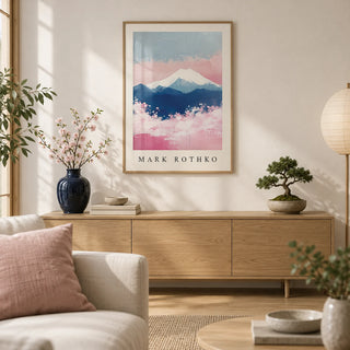 Mount Fuji Art, framed on the wall of a calm Japandi living room with a warm white wall and a light oak floor