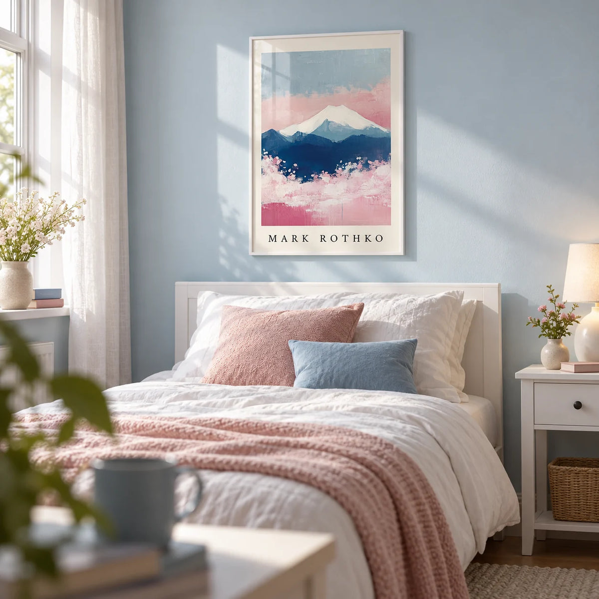 Mount Fuji Art, framed on the wall of a calm single bedroom for a young adult (18-25) with a pale powder blue wall