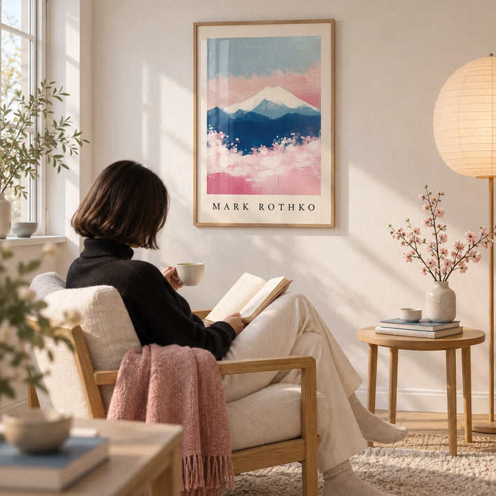 Mount Fuji Art, framed on the wall of a quiet reading corner with a soft white wall in a living room