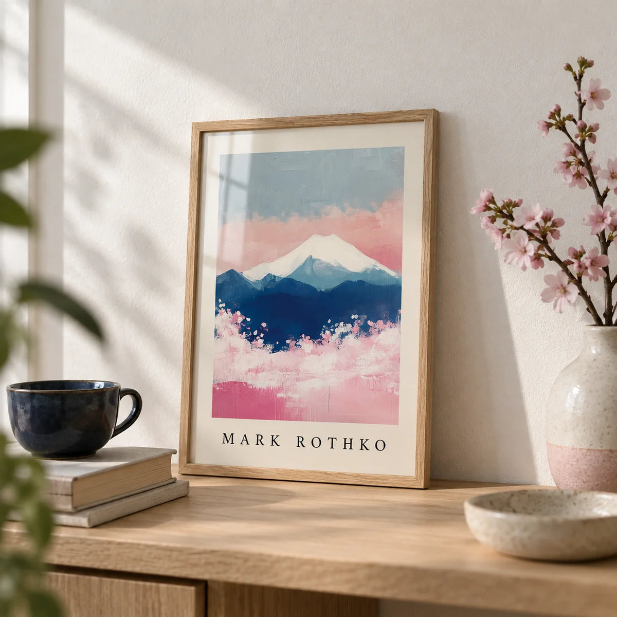 Mount Fuji Art, a small A4 framed print leaning on a pale oak shelf in a living room