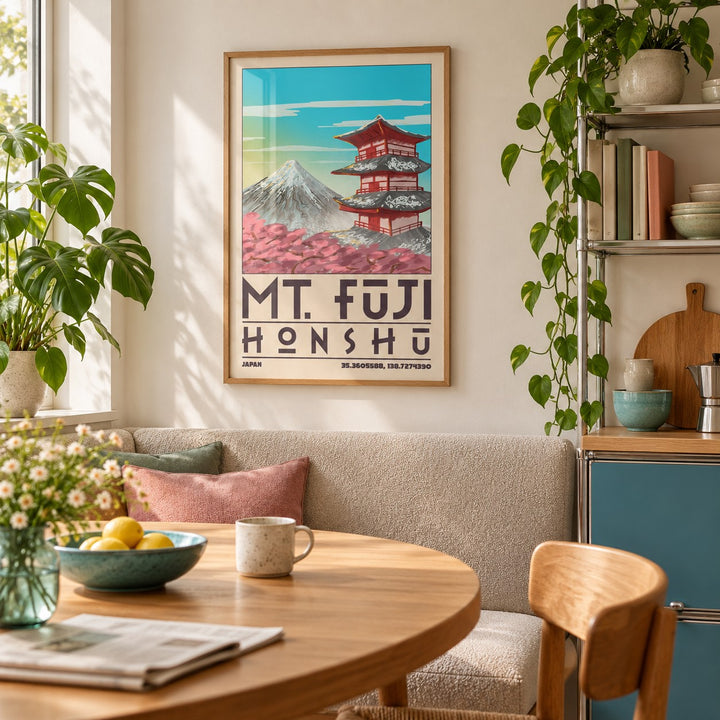 Mount Fuji Pagoda Poster hung above a breakfast nook in a city apartment kitchen (frame not included)