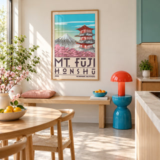 Mount Fuji Pagoda Poster hung above a breakfast bench in a colourful minimalist kitchen (frame not included)