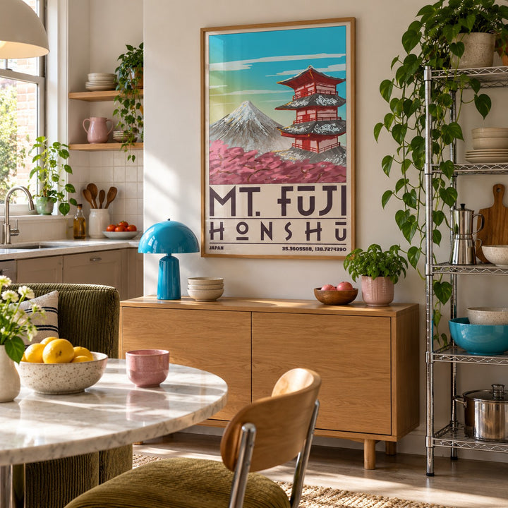 Mount Fuji Pagoda Poster hung above an oak sideboard in a creative apartment kitchen (frame not included)
