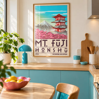 Mount Fuji Pagoda Poster above the worktop in a minimalist kitchen (frame not included)