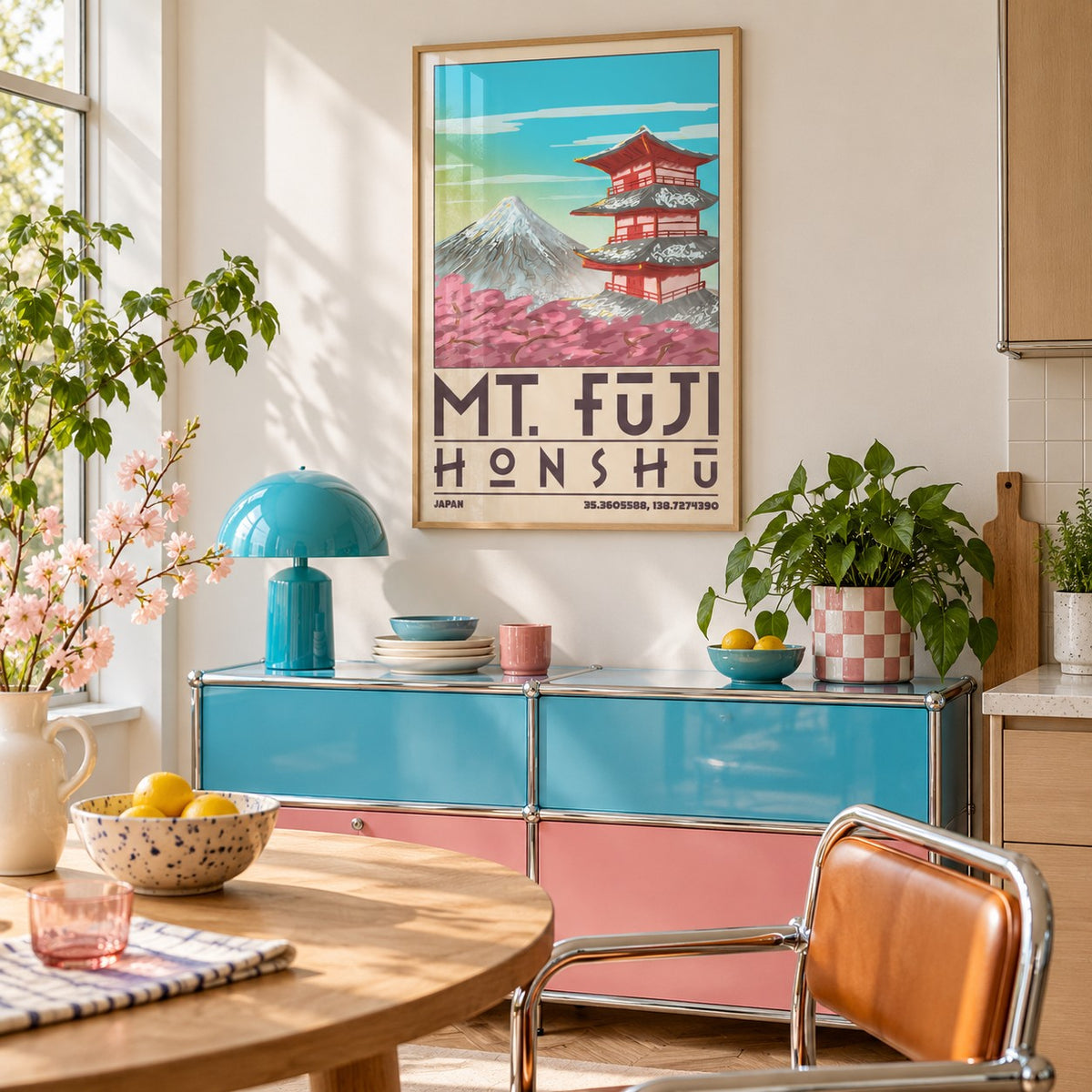 Mount Fuji Pagoda Poster hung above a retro modular console in a playful kitchen (frame not included)