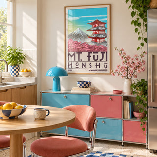 Mount Fuji Pagoda Poster hung above a retro sideboard in a kitchen dining area (frame not included)