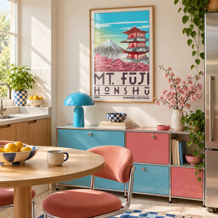 Mount Fuji Pagoda Poster hung above a retro sideboard in a kitchen dining area (frame not included)