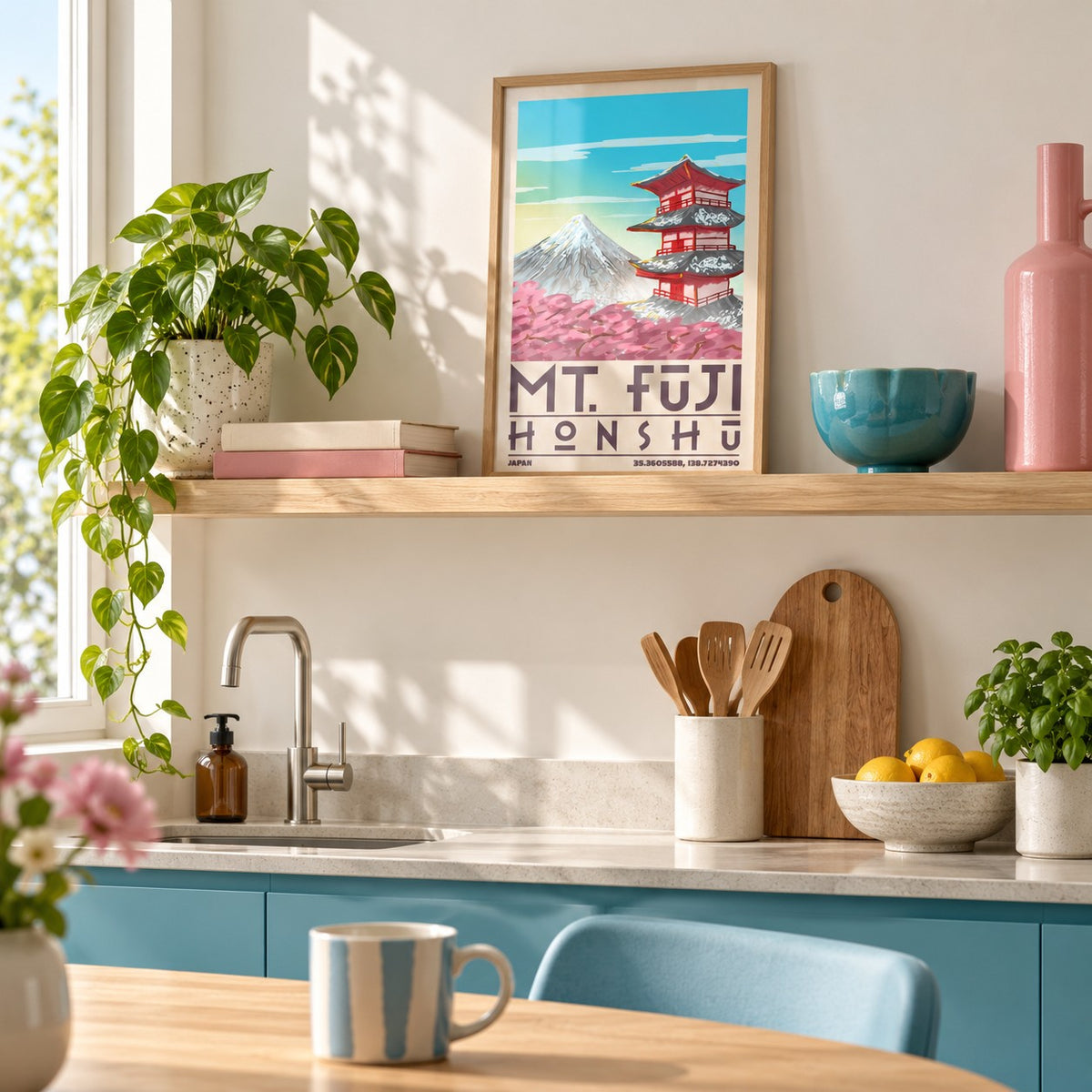 Mount Fuji Pagoda Poster in the small A4 size, leaning on a kitchen shelf (frame not included)