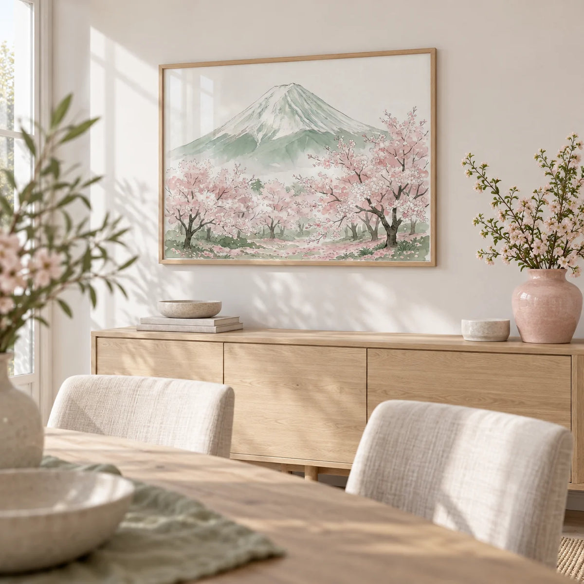 Mount Fuji Print, framed on the wall of a bright dining room