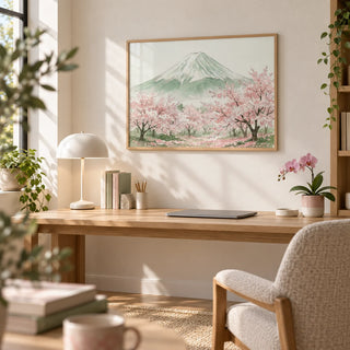 Mount Fuji Print, framed on the wall of a calm home office