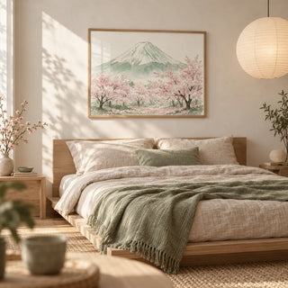 Mount Fuji Print, framed on the wall of a Japandi bedroom