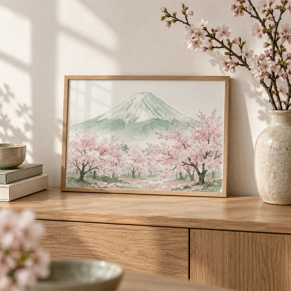 Mount Fuji Print, a small A4 framed print leaning on an oak sideboard in a living room