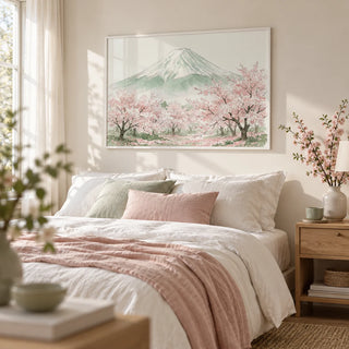 Mount Fuji Print, framed on the wall of a soft bedroom