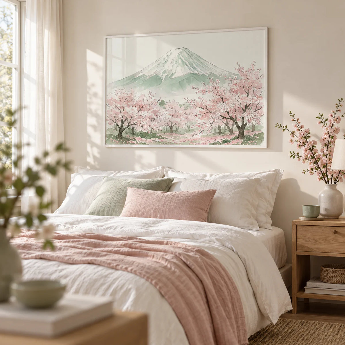 Mount Fuji Print, framed on the wall of a soft bedroom