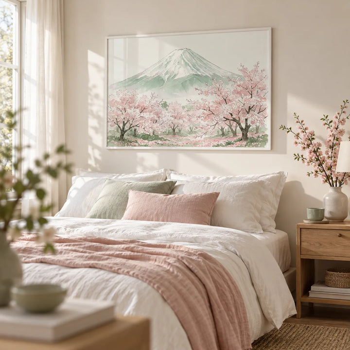Mount Fuji Print, framed on the wall of a soft bedroom