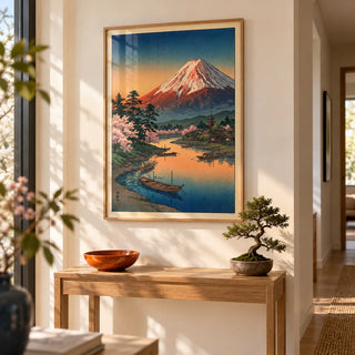 Mount Fuji Sunset Poster, framed on the wall of a bright hallway with a warm white wall