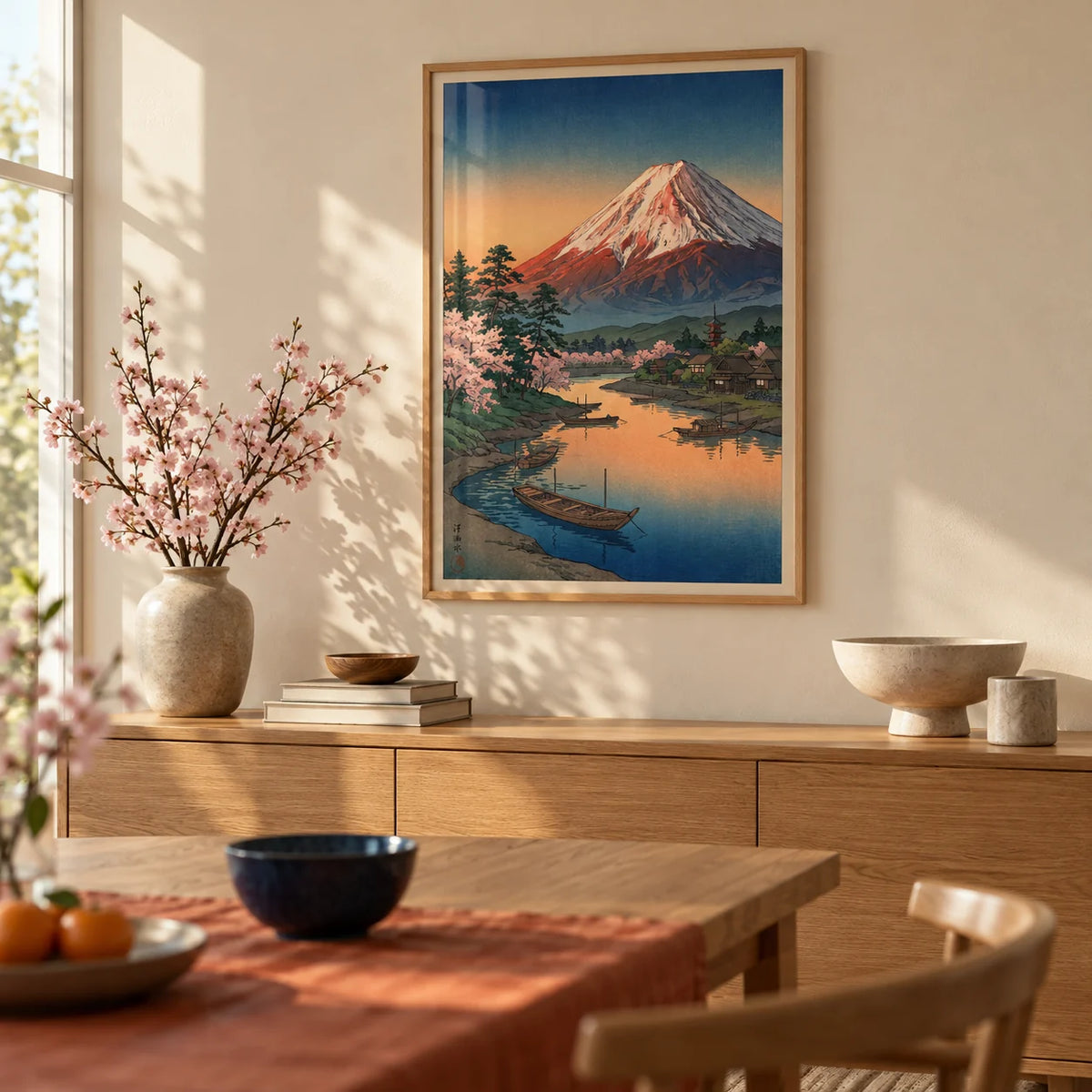 Mount Fuji Sunset Poster, framed on the wall of a calm dining room with a soft cream wall
