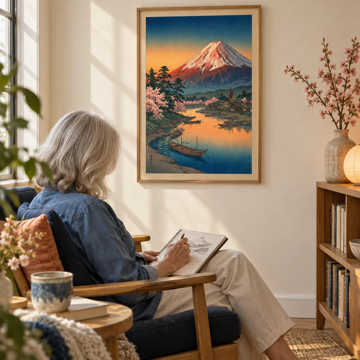 Mount Fuji Sunset Poster, framed on the wall of a calm reading corner with a warm white wall in a living room