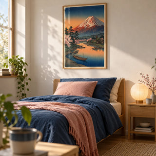 Mount Fuji Sunset Poster, framed on the wall of a calm single bedroom for a young adult (18-25) with a soft white wall