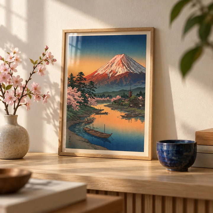 Mount Fuji Sunset Poster, a small A4 framed print leaning on a pale oak shelf in a living room