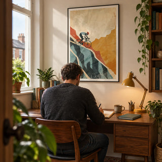 Mountain Biking Art Print, framed on the wall of a compact home study in a UK terraced house with a warm white wall and walnut furniture