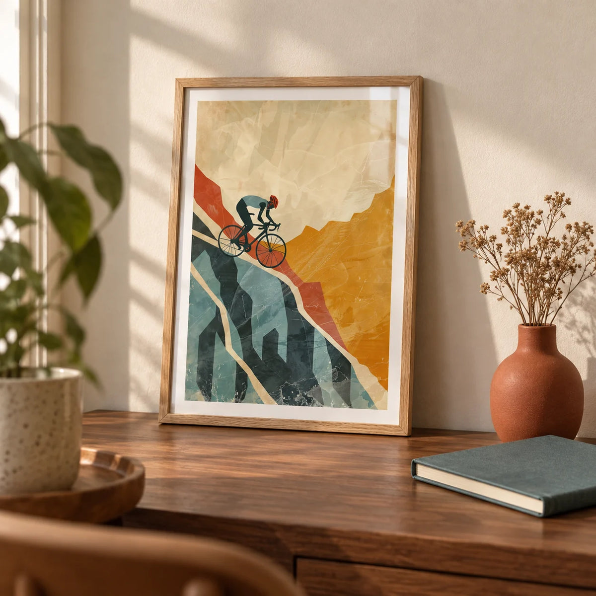 Mountain Biking Art Print, a small A4 framed print leaning on a walnut desk