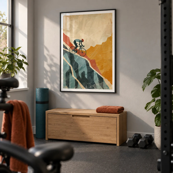 Mountain Biking Art Print, framed on the wall of a small home gym in a converted UK spare room with a pale grey wall and plain charcoal rubber flooring