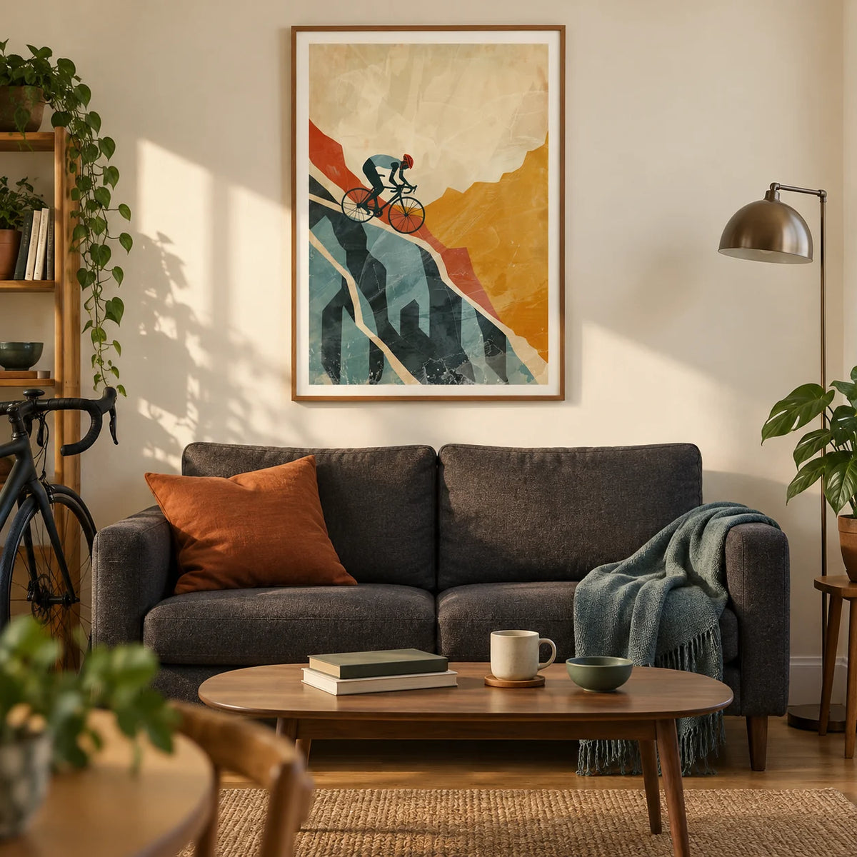 Mountain Biking Art Print, framed on the wall of a warm modern living room in a cycling enthusiast’s UK first flat (25-35)