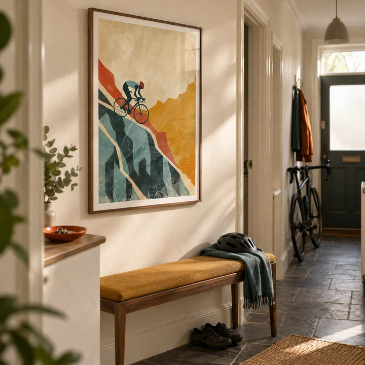 Mountain Biking Art Print, framed on the wall of a welcoming entrance hallway in a UK cyclist’s terraced home with cream plaster walls and a simple slate floor