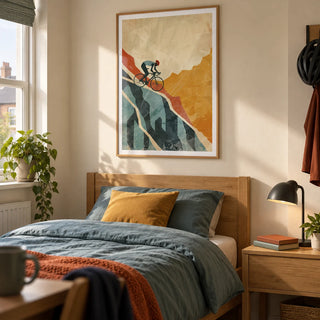 Mountain Biking Art Print, framed on the wall of a young adult cyclist’s single bedroom (18-24) in a UK house share with a warm cream wall