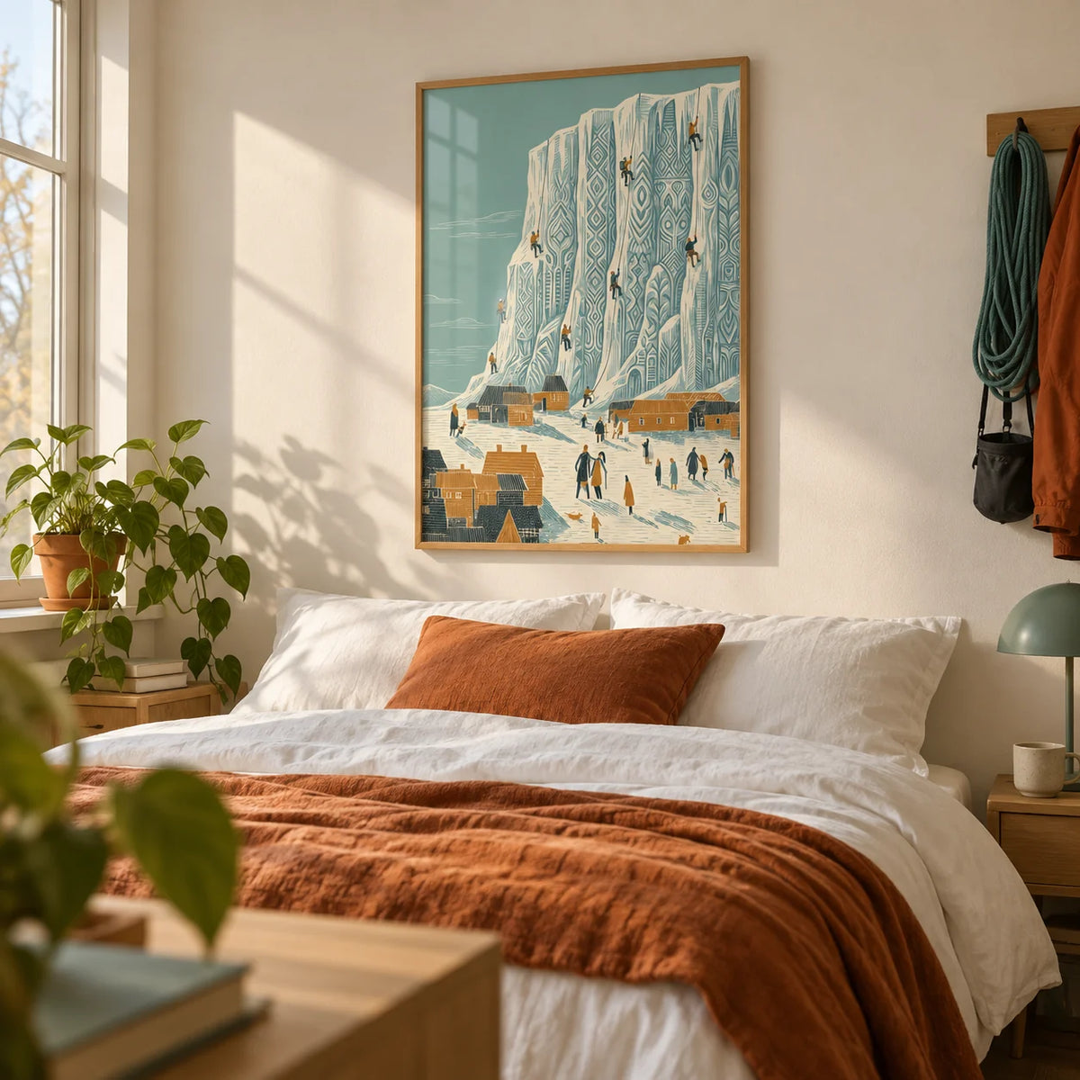 Mountain Climbing Art Print, framed on the wall of a bedroom for a 22 year old climber with a warm white wall