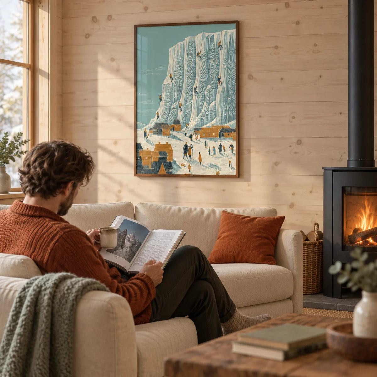 Mountain Climbing Art Print, framed on the wall of a cabin-style living room with pale timber walls