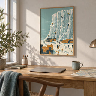 Mountain Climbing Art Print, framed on the wall of a home office