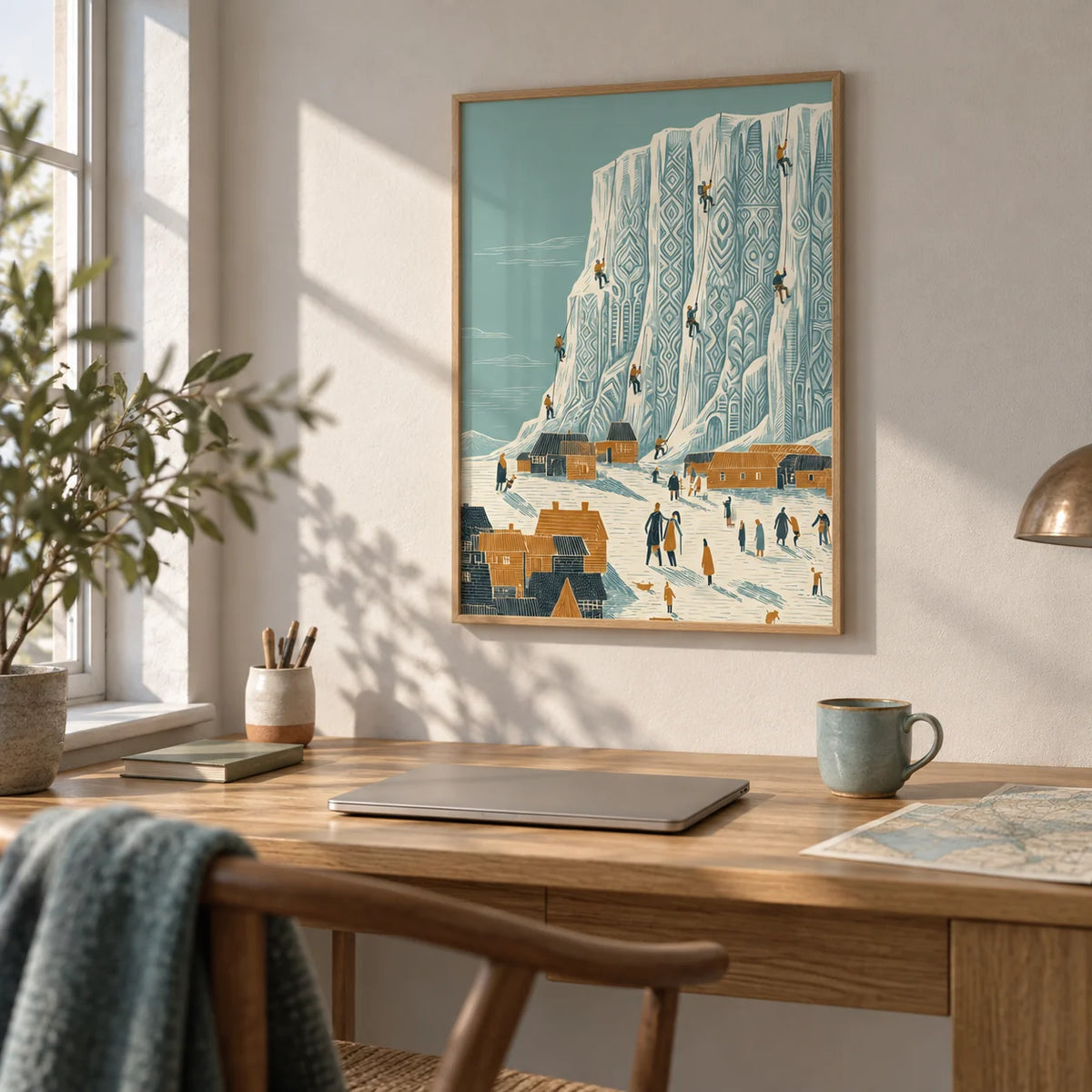 Mountain Climbing Art Print, framed on the wall of a home office